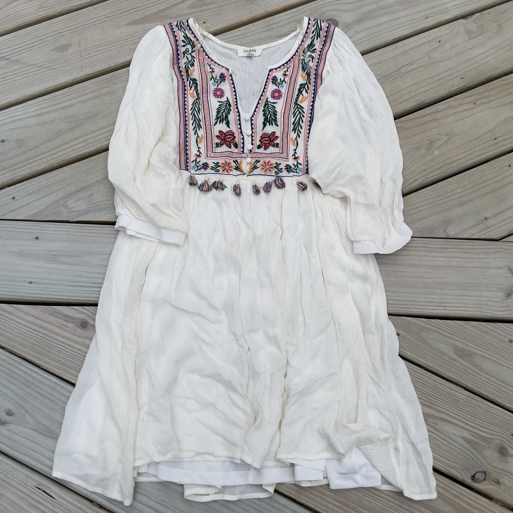 Umgee Embroidered Dress S Floral Bell Sleeve Mini Boho Babydoll Beige Boho